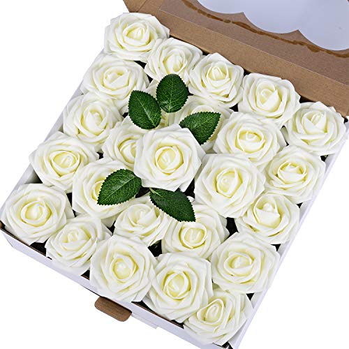 Breeze Talk Artificial Flowers 50pcs Ivory Roses Realistic Fake Roses w/Stem for DIY