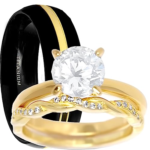 His Hers Wedding Ring Set Matching Black Titanium Gold Silver Rings for Her Him