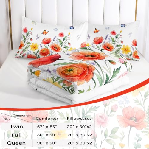 Image of AILONEN Orange Flower Comforter Set Queen Size, Meadow Butterfly Bedding Ensemble, Colorful Poppy Bedspread Quilt with 2 Pillowcases for Master Bedroom