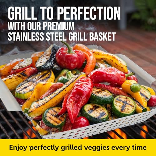 Kaluns Heavy Duty Stainless Steel Vegetable Grill Basket, Rectangular, Silver, Dishwasher Safe Grills and Vegetables
