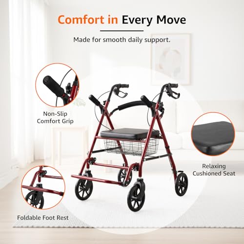 Image of Amazon Basics Adjustable Rollator Walker | Foldable Walking Aid with Seat & Backrest | Height-Adjustable Steel Frame with Large Wheels | Indoor & Outdoor Use