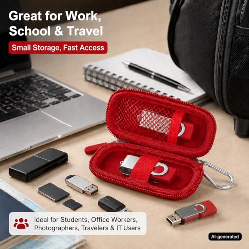 Image of USB Flash Drive Case, SD Card /Thumb Drive /Memory Cards Holder, Bag Only | SDXC /SDHC Storage, Electronic Accessories Organizer for SanDisk / for Samsung, for Students /IT /Office /School /Travel, Red