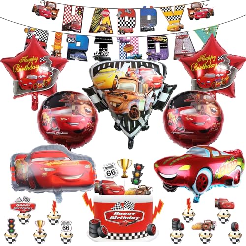 18 pièces Décoration d'anniversaire Cars, Comprend bannière, 3D Ballons en aluminium, Décoration de cupcake, Convient pour la décoration d'anniversaire des garçons