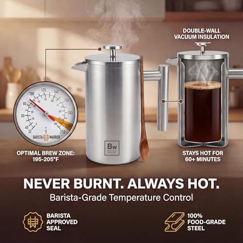 Image of Barista Warrior French Press Coffee Maker - Double-Wall Stainless Steel Insulated French Press with Built-In Thermometer, Dual Filters Coffee Maker with Wooden Spoon - Silver