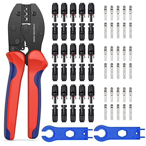Juego de pinzas solares para crimpado, herramientas solares Soarfly, para 2,5/4/6 mm² Solar PV Crimpadora Juego de herramientas con 15 pares de conectores de panel solar hembra y 1 par de llaves Cover