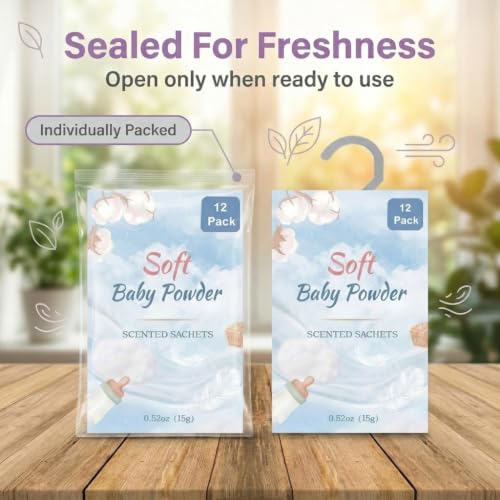 Image of 12 Packs Baby Powder Hanging Scented Sachets for Drawers and Closets with Retractable Hook| Long-Lasting Closet Air Freshener & Closet Deodorizer | Closet Scent Freshener