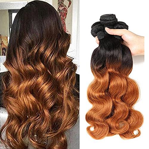 Ombre Brazilian Hair Body Wave Human Hair Bundles (T1B/30,14" 16" 18" 20") 100% Unprocessed Brazilian Virgin Human Hair Extensions 2 Tone Color Black to Brown Human Hair Weave 60g/bundle