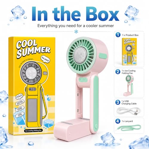 Image of One94Store Ice Cooling Folding Fan, 1800mAh Rechargeable Mini Fan, 5-Speed Portable Hand Fan with Phone Holder, Adjustable Wind Direction, Foldable Design, USB-C Charging, Lanyard Included, Pink