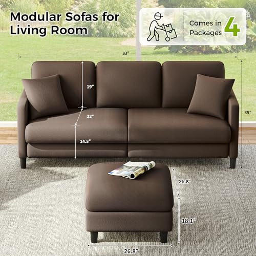 Image of Welzona 83 inch Couches for Living Room, Teddy Sofa Couch with Storage Ottomans, U Shaped Couch with Movable Ottomans, Tool-Free Modular Sectional Sofa, All-Wood Sofas for Living Room 2 Pillows, Khaki