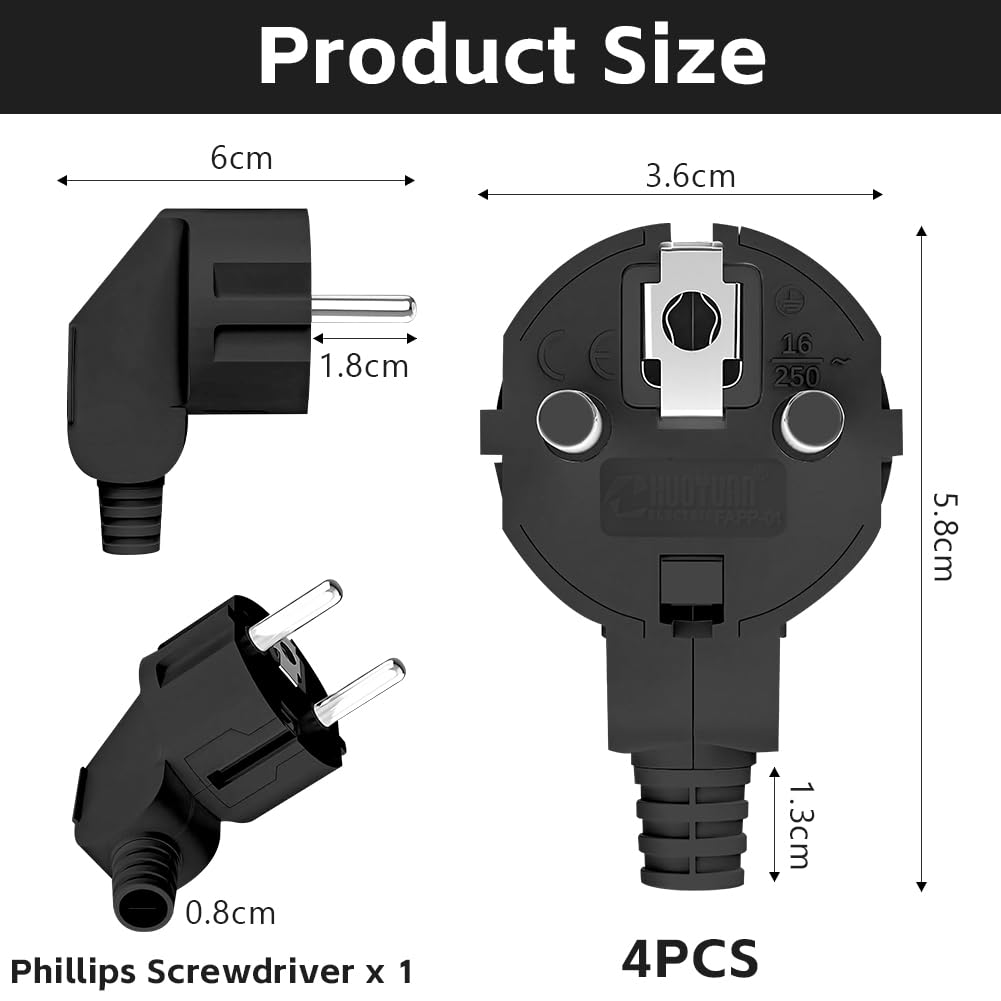 AXFEE Clavija Enchufe Macho, 4 Piezas 250V 16A Enchufe Macho, Enchufe de Seguridad Exterior 16A 250V Encufe, con Destornillador, para Uso en Interiores y Exteriores, Negro