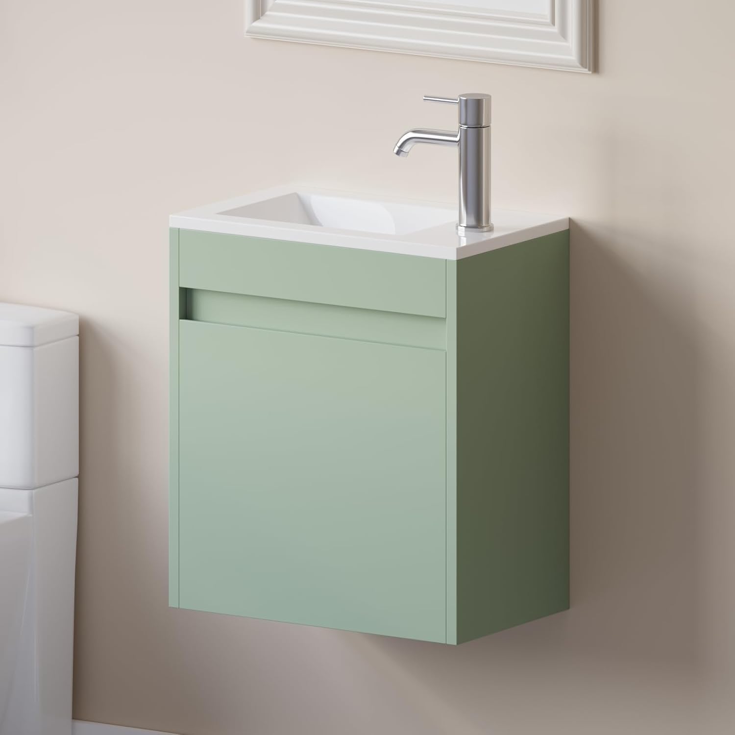 wonline 16" Small Floating Green Bathroom Vanity Sink Combo, Wall Mounted Narrow Single Cabinet with Resin Basin Sink Top, Water Saving Chrome Faucet & Pop-Up Drain