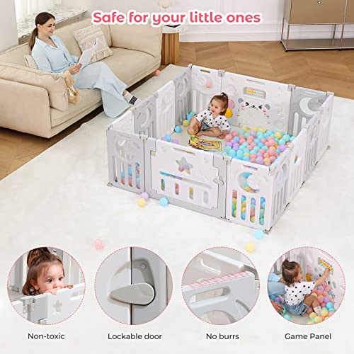 Baby Playpen, Dripex Foldable Baby Play Yard, Toddler Safety Fence, 14-Panel Adjustable Portable Play Area for Indoor/Outdoor, Grey White