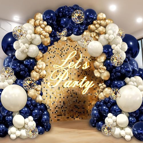 Navy Blue Gold Balloon Graland Arch Kit Double Stuffed Pearl White Royal Blue Chrome Gold with Confetti Balloons for New Year Graduation Birthday Wedding Party Decorations