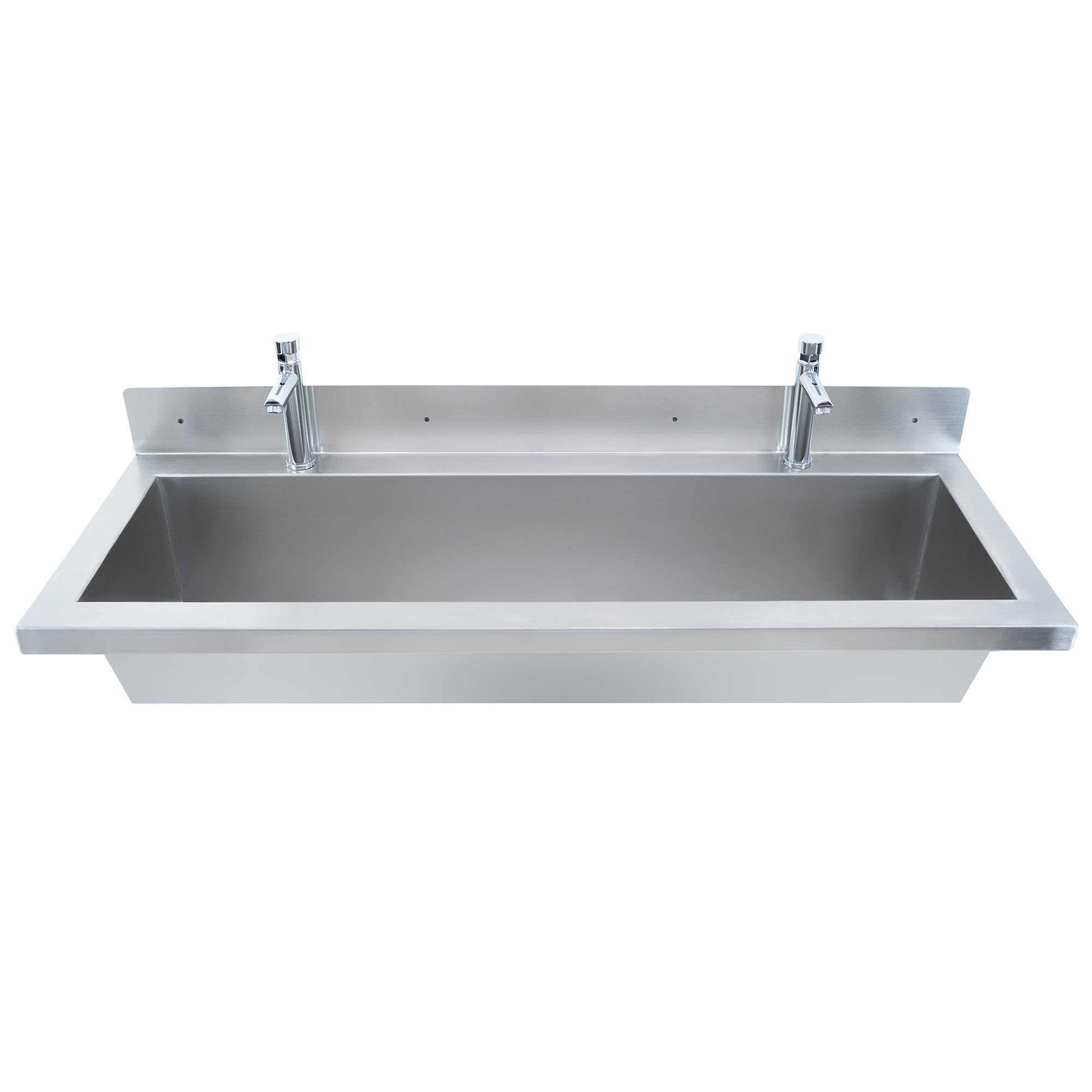 Lavabo a Canale da Parete in Acciaio Inox 120 cm (1200 mm) Professionale con Miscelatore, Rubinetti Push, Paraschizzi, Scarico Inclinato e 2 Dispenser Sapone da 500 ml