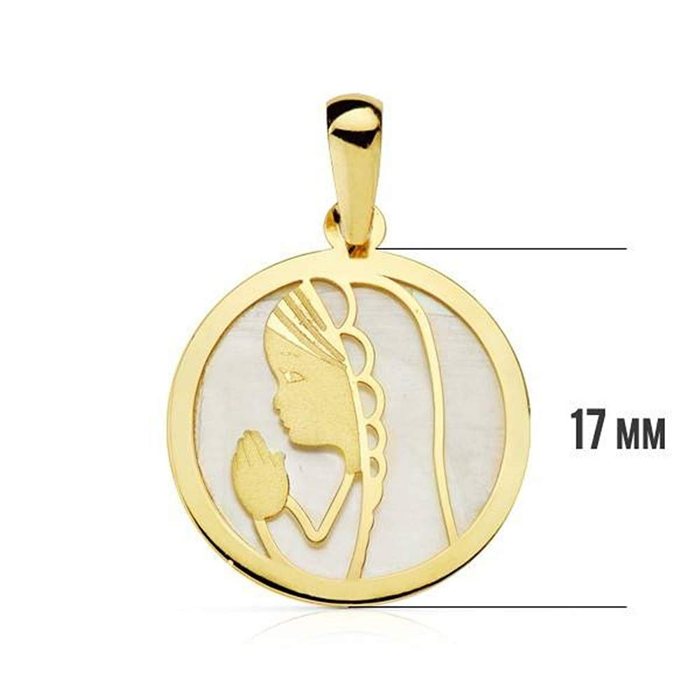Medalla oro 18k fonde nácar Virgen Niña redonda 17mm. bisel liso
