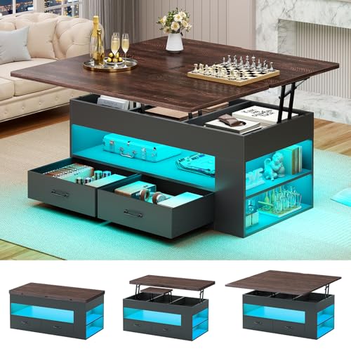 Itaar Lift Top Coffee Table, 4 in 1 Coffee Tables with Storage and Hidden Compartment, Farmhouse Coffee Table with 2 Fabric Drawers & LED Light for Living Room, Black