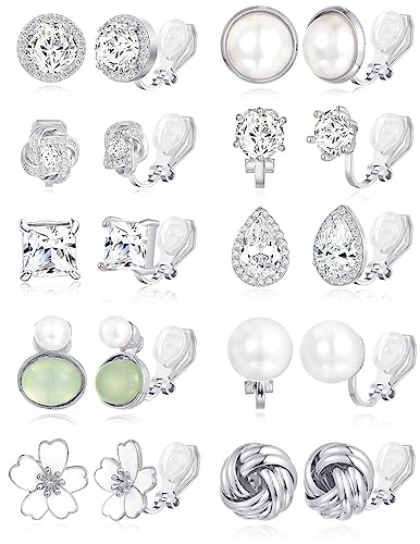 Tornito 10 Pairs Clip on Stud Earrings Non Pierced Teardrop Round Square CZ Pearl Twist Knot Flower Clip on Earrings for Women Silver Tone
