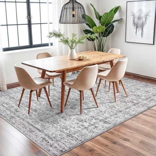 Grey Blue White 6x9 Area Rug for Bedroom, Large Washable Area Rug for Living Room, Soft Vintage Rugs with Non-Slip, Non-Shedding Tribal Carpet for Farmhouse, Dining Room, Office Home Décor