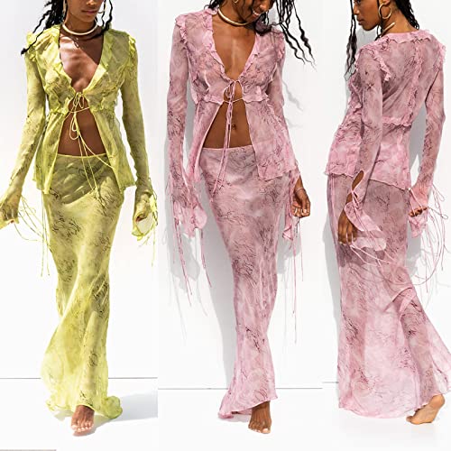 Women Y2K Ruffle Mesh 2 Piece Skirt Set Sheer Sleeveless Tube Top Flower Ruffle Split Mini Skirt Streetwear Outfits4