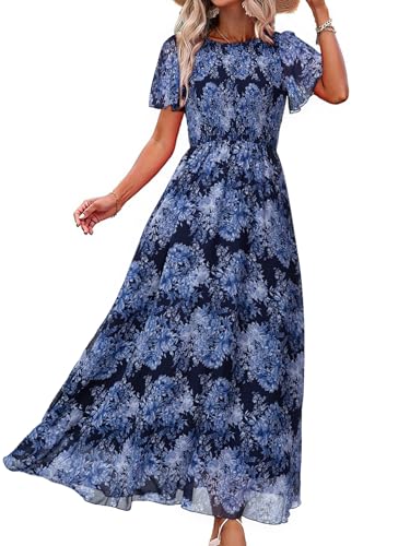 Image of Simplee Womens Casual Floral Summer Maxi Dress 2026 Boho Flowy Short Sleeve Crew Neck Vacation Smocked Chiffon Dresses