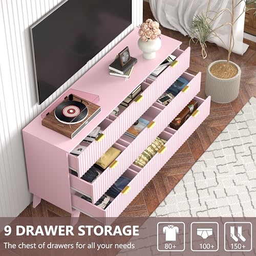 Image of Pink Dresser 9 Drawer Dresser for Bedroom, 57''Wide Fluted Wooden Dresser Storage Cabinet and Chest of Drawers with Metal Handle, Storage Organizer for Living Room, Hallway, Entryway