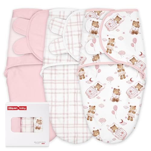 Image of GLLQUEN BABY Swaddles for Newborns 0-3 Months, Adjustable & Easy Fastener | 3-Pack, Baby Girl Swaddles Organic Cotton Womb-Like Nursery Swaddling Blanket reduces startle reflex, Soft & Skin-Friendly