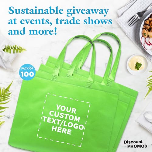DISCOUNT PROMOS Custom Jumbo Sized Tote Bags Set of 100, Personalized Bulk Pack - Reusable Grocery Bags, Shopping Bags, Promotional Item Totes for Women - Lime Green4