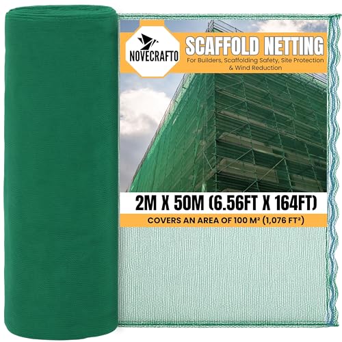 NOVECRAFTO Scaffold Debris Netting 2m x 50m (6.56ft x 164ft) Green HDPE Scaffold Mesh with Reinforced Eyelets Heavy Duty Construction Netting for Scaffolding Site Safety & Debris Containment