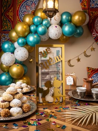 بطاقة عيدية ذهبية اللون، تصميم أطفال بخط عربي، مناسبة لعيد الفطر والأضحى، هدية مميزة للأطفال
