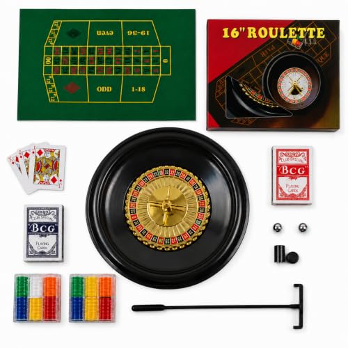 Image of 16 Inch Roulette Wheel Set for Adults, Complete Casino Game Set with 120 Casino Chips, Double-Sided Roulette & Blackjack Mat, 2 Playing Card Decks, 2 Steel Balls, Dealer Rake Included