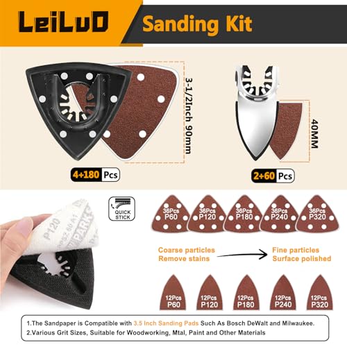 LEILUO 249 Pc Oscillating Tool Sanding Pad Kit - 4 Triangle Pads, 2 Fingertip Pads, 240 Sandpaper, 3 Adapters - Compatible with DeWalt, Dremel, Milwaukee