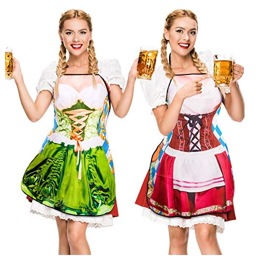Whaline 2Pcs Oktoberfest Apron, Female Dirndl Costume Outfit, German Oktoberfest Dress, Novelty Apron for Kitchen Cooking BBQ Party (Red, Green)