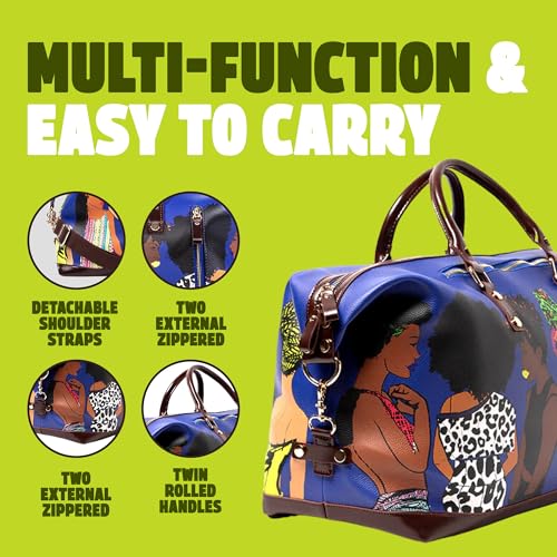 Pardon My Fro Fashion Duffle Bag for Women – Cute Afro-Inspired Faux Leather Weekender Bag, Waterproof Carryon Luggage, Large Travel Duffle for Sleepover, Overnight, Gym, & Hospital – 50x31x23cm Blue4