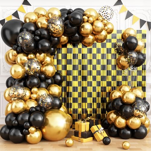 Image of Graduation Balloon Garland Arch Kit Birthday Party Decorations, Black Gold Fringe Backdrop Tinsel Streamers Photo Booth Prop for Graduation Prom Wedding Anniversary Retirement Party Decor Supplies