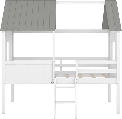 Miniatura 18 de Bellemave Cama individual para niños, marco de cama baja de madera con ventanas y techo, fácil montaje, para niñas y niños (blanco y marrón)