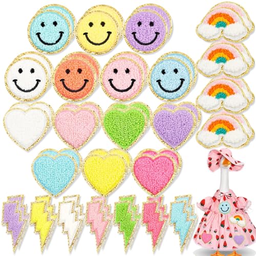 56PCS Cute Chenille Patches Iron On Patches Colorful Sew Chenille Embroidered Applique for Clothing Hats Bags Repair Decor Craft