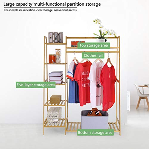 Duseedik Bamboo Wood Garment Rack, 6 Tier Clothing Hanging Storage Shelves Rack with Side Hooks for Cloth Shoe Coat Storage Organizer Shelf (Bamboo Garment Rack)