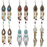6 Pairs Women Faux Feather Earrings Dream Catcher Bohemian Fringe Tassel Long Drop Dangle Earrings Set with Design for Women(Style 5)