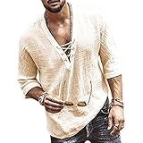 【Características】: camisa de playa para hombres, estilo simple único, liviano, algodón de lino, manga 3/4, diseño de cordón de cordón, color puro, ajuste suelto, cuello en V..Hacerte hermosa, de moda, atractiva..Camiseta de camiseta de manga de manga de mangas para hombres de nuevo estilo europeo y americano