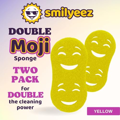 Image of Smilyeez Double-Size Scrub Moji Sponge 2-Pack - Dual Smiling Faces, Temperature-Responsive Scrubber - Scratch-Free, Odor & Stain Resistant - Yellow