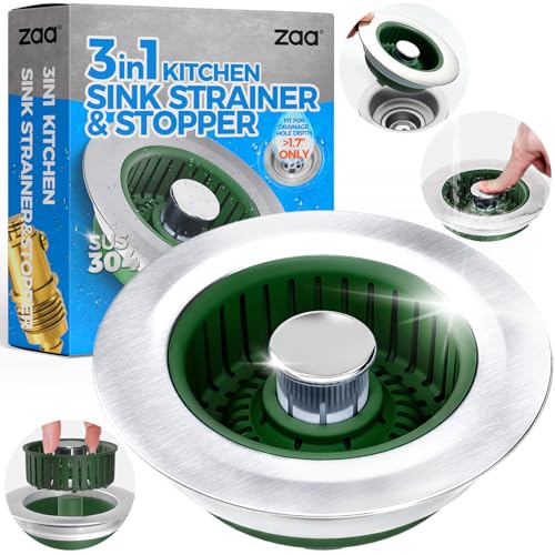 Upgraded 3in1 Kitchen Sink Drain Strainer & Sink Stopper, Stainless Steel Kitchen Drain Plug & Cover with Anti-Clogging Basket Strainer, Fit US Standard 3-1/2'' Sink Drain Hole, OliveGreen