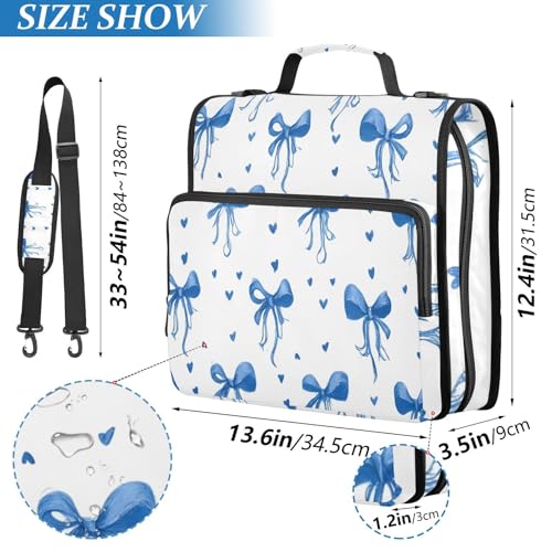 Image of 3 Ring Zipper Binder with Shoulder Strap Blue Bows Ribbons Polka Dots 1.5 inch Binders Keeper Large Capacity Multi Pockets for School Office Supplies
