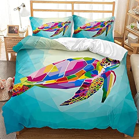 Meiju Duvet Cover Set 3 Piece for Single Double Super King Size Bed, 3D Ocean World Printed Bedding Set Microfibre Bed Set with Quilt Case and Pillowcases 50x75cm (Geometric turtle,135x200cm) Cover