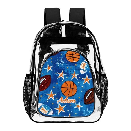 Personalized Clear Backpacks with Name, Custom Ball PVC Transparent Backpacks with Reinforced Strap for Boys Girls Back to School Gifts