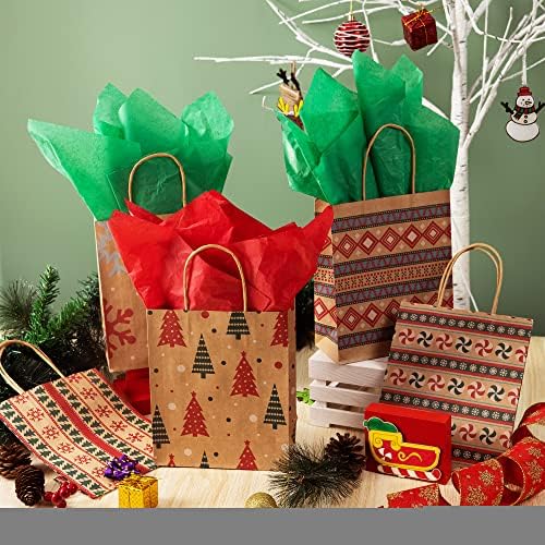 JOYIN 24 Christmas Kraft Gift Bags with Assorted Christmas Prints for Kraft Holiday Paper Gift Bags, Christmas Goody Bags, Xmas Gift Bags, Classrooms and Party Favors