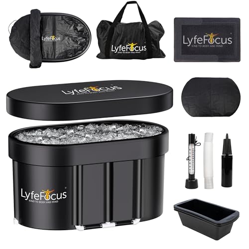 LyfeFocus Cold Therapy Pod Premium Recovery Ice Bath Tub with Thermometer Foot Mat Protection Lid Groundsheet Reusable Ice Blocks and Set Up Accessories (Black Base Black Top Large 100cm)
