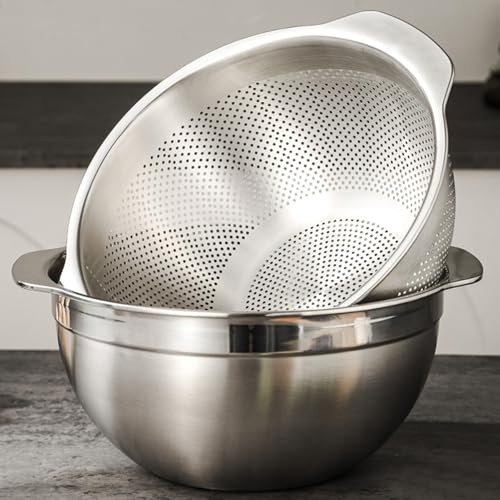 Image of 18 /8 Stainless Steel Microwell Colander, 3.5QT Large Capacity with Handle Kitchen Food Strainer Basket for Washing Vegetables, Fruits, Rice, and Pasta (primary colour, 3.5QTColander+3.5QT Mixing bowl)