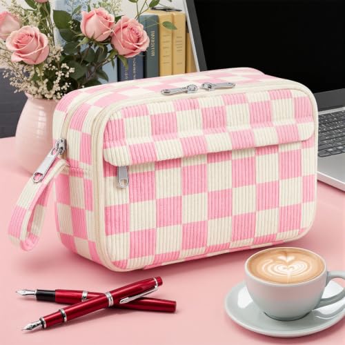 Image of WOBAGMEN Cute Pencil Case,Large Corduroy Zippered Pencil Case Pouch, aesthetic Pencil Bag with Compartments(Pink Gingham)