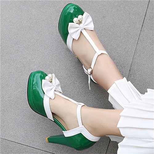 Image of Elbslutt Women's Cute Retro Rockabilly Shoes T Strap Mary Janes Heels Chunky Cosplay Shoes Sweet Block Heeled Bow Pumps