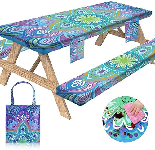 Picnic Table Cover with Bench Covers Camping Essentials Tablecloth with Elastic 72x30 Inch Fitted Rectangle 6 ft Table Cloth Travel Accessories RV Gear Must Haves Camper Gifts for Outdoor